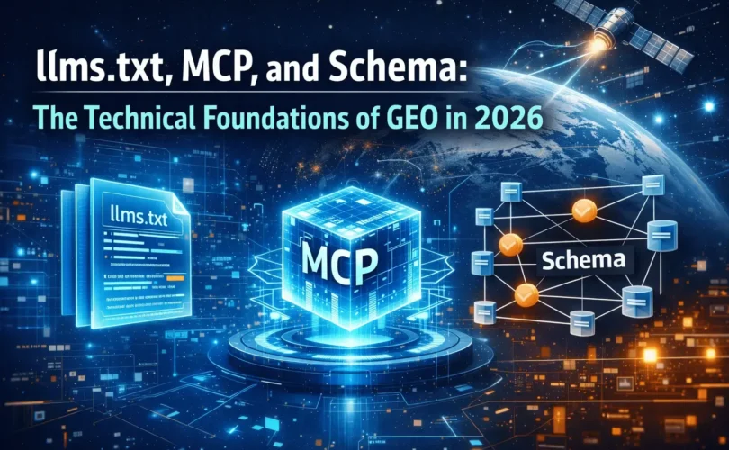 Illustration Of Llms.txt MCP And Schema Powering GEO In  By AI SEO Agency Predicta Digital X