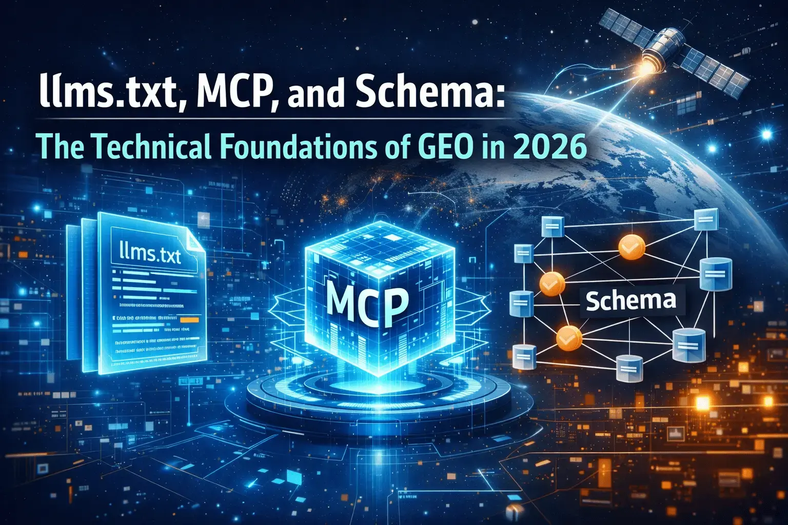 Illustration Of Llms.txt MCP And Schema Powering GEO In  By AI SEO Agency Predicta Digital