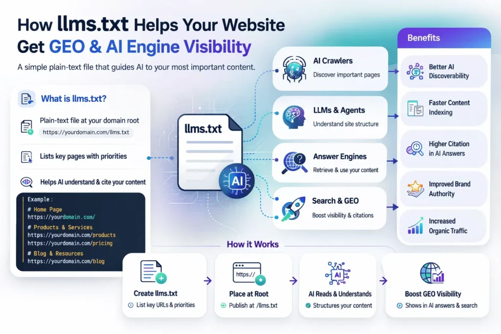 Infographic Showing How Llms.txt Helps Websites Improve GEO And AI Search Visibility Explained By A Provider Of SEO Services In Melbourne X
